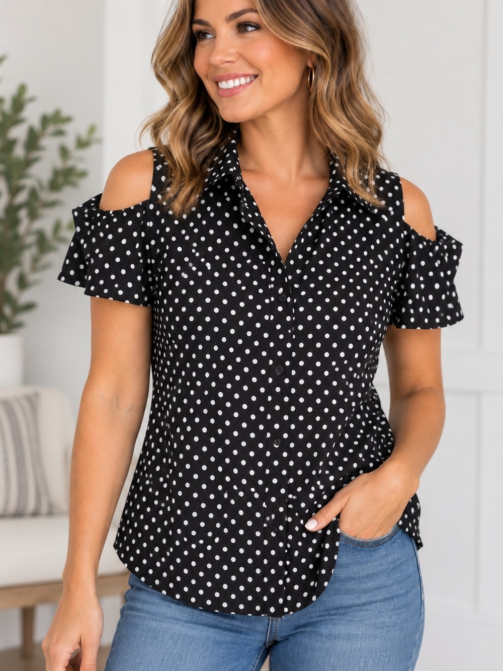 Michael Kors Black and White Polka Dot Cold-Shoulder Button Down Top